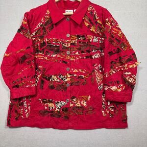 Units Woman Artsy Patchwork Jacket 2X Plus Red‎ Raw Edge Animal Paisley Print